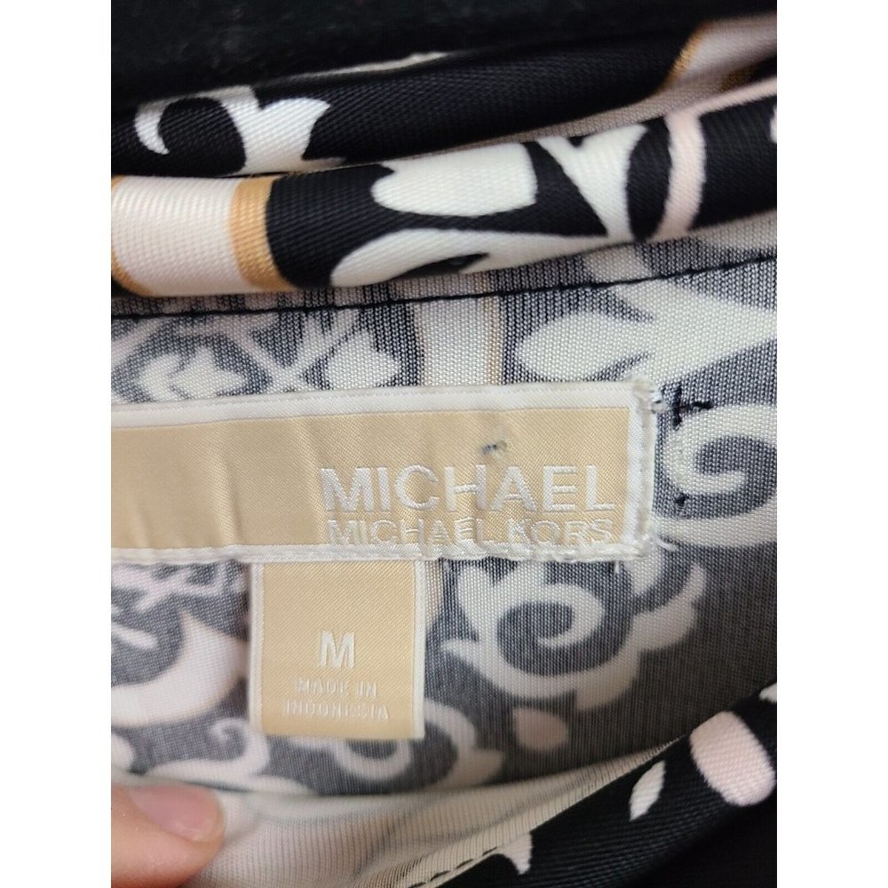 đť…şMICHAEL Michael Kors Black Tan Floral Print Off Shoulder Tunic Top Medium - Picture 3 of 5